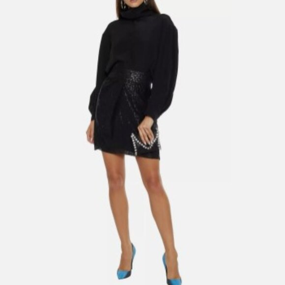 NWT $430 Iro Black Metallic Jeyna Gathered Chiffon Mini Skirt Size 36/US 4 ALine